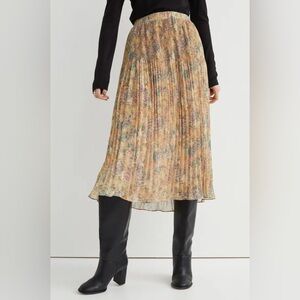 H&M Multicolor Yellow Tinted Floral Pleated Midi Skirt Size Large EUC